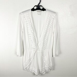 LA BLANCA Costa Brava White Crochet Trim Deep V-Neck Romper Coastal Beach Small